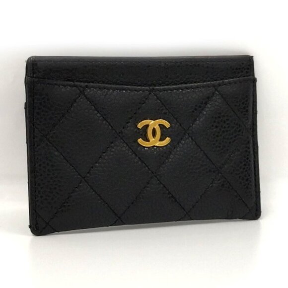 Authentic CHANEL Black Caviar Quilted Leather Classic Card Holder Case Gold CC - Picture 1 of 8